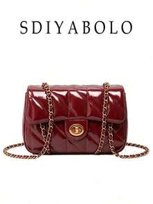 Clown Solid Color Diamond Quilted Patchwork Design Chain Square Bag With Twist Lock Closure Burgundy Crossbody Bag - Burgundy - View 3