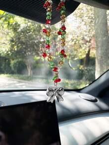 Creative Christmas Bow Car Hanging Ornament, Fashionable Beaded Cherry Car Interior Hanging Decor, Car Interior Hanging Rope, Car Decoration Pendant, Small Gift For Others - A - View 11