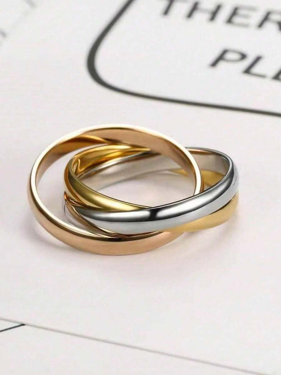 1pc Fashion Creative Women's Stainless Steel Three-Color Triple Ring, Möbius Ring Spinner Ring, Anxiety Relief Jewelry - Multicolor - View 1
