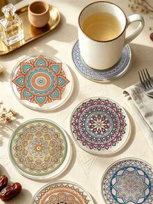 6/1pc Set Transparent Acrylic Mandala Coasters, Round Heat-Resistant Coffee Cup Mats, Scratch-Resistant Heat-Insulating Desk Protection Pads, Bohemian Floral Decorative Coasters, Suitable For Home Kitchen Bar Office Beverage Tea Cups, Home Desktop Decoration - Multicolor - View 1