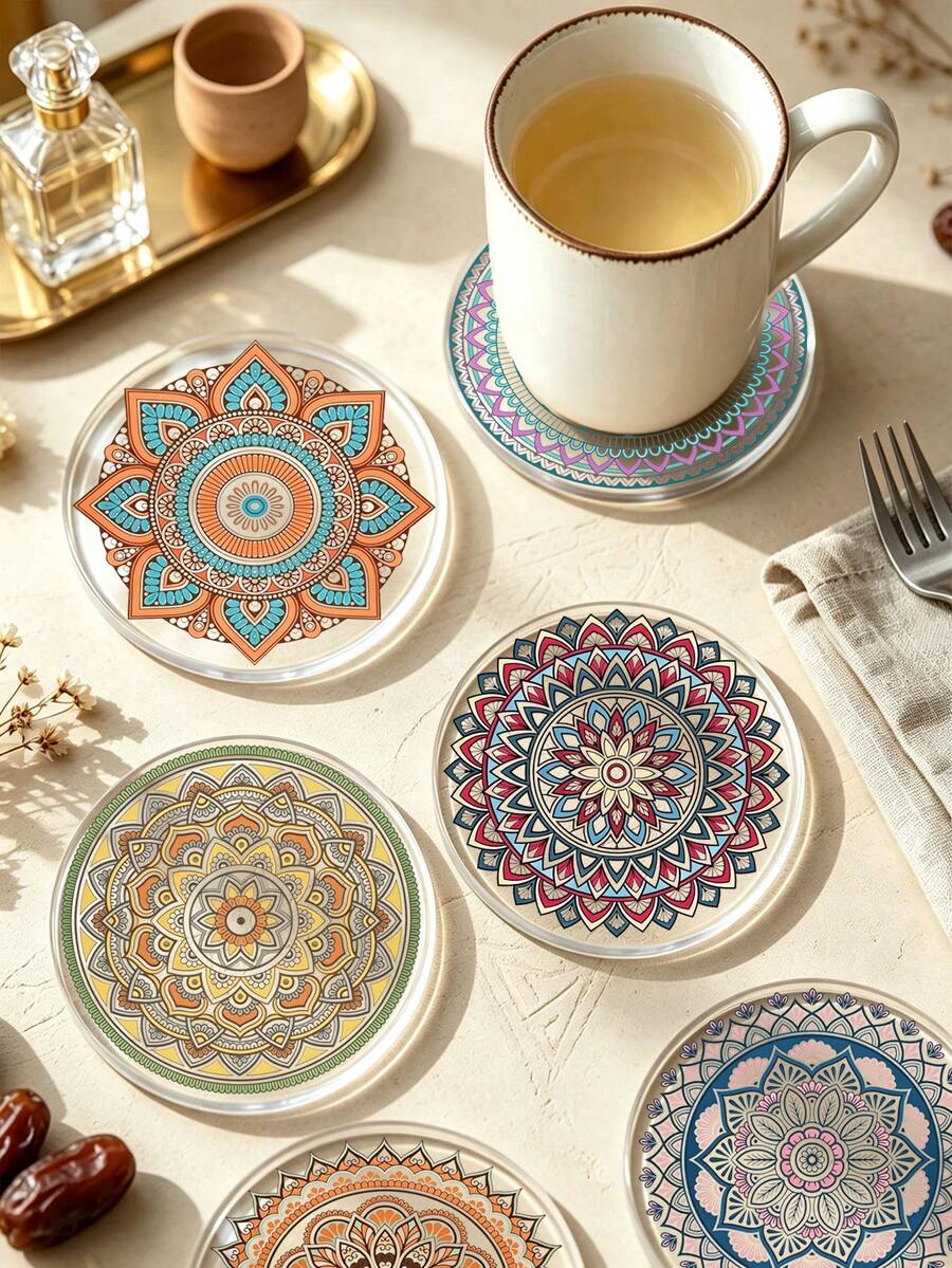 6/1pc Set Transparent Acrylic Mandala Coasters, Round Heat-Resistant Coffee Cup Mats, Scratch-Resistant Heat-Insulating Desk Protection Pads, Bohemian Floral Decorative Coasters, Suitable For Home Kitchen Bar Office Beverage Tea Cups, Home Desktop Decoration - Multicolor - View 1