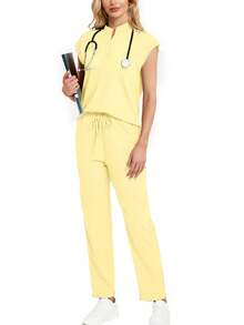 Solid Color Notch V-Neck Cap Sleeve Top And Pants Scrub Set 2 Pieces - Yellow - View 6
