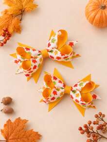 2pcs Thanksgiving Maple Leaf Bow Hair Clip For Kid Girls,Cute Yellow Hairpin For Autumn Winter Daily Family Gatherings,Children Hair Accessory - Multicolor - View 3