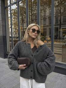 Women Fall Winter Going Out Tops Black Sweater Y2k Long-Sleeve Button-Up Cardigan With A Cable Knit Design, Commuting. - Dark Grey - View 7