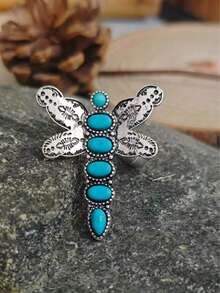 Bohemian Vintage Distressed Turquoise Dragonfly Ring, Suitable For Women's Daily Casual, Gathering, Vacation, Dating, Back To School Outfits - Dragonfly - View 7