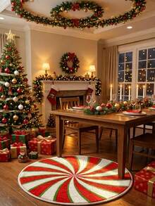 Round Burgundy Christmas Tufted Rug Checkered Border Snowman Gingerbread Gift Candy Cane Plush Rug - Red - View 2