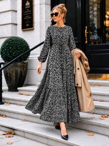 Women's A-Line Floral Maxi Dress With Long Sleeves - Black - View 4