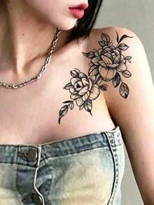 7pcs Herbal Temporary Tattoo Sticker, Black‑White Line Drawing Rose Floral Pattern, Realistic Fake Tattoo Design, Suitable For Daily Wear, Bachelorette Party Favors, Music Festivals, Game Events, Graduation Gifts, Lasts 7‑14 Days - Black - View 9