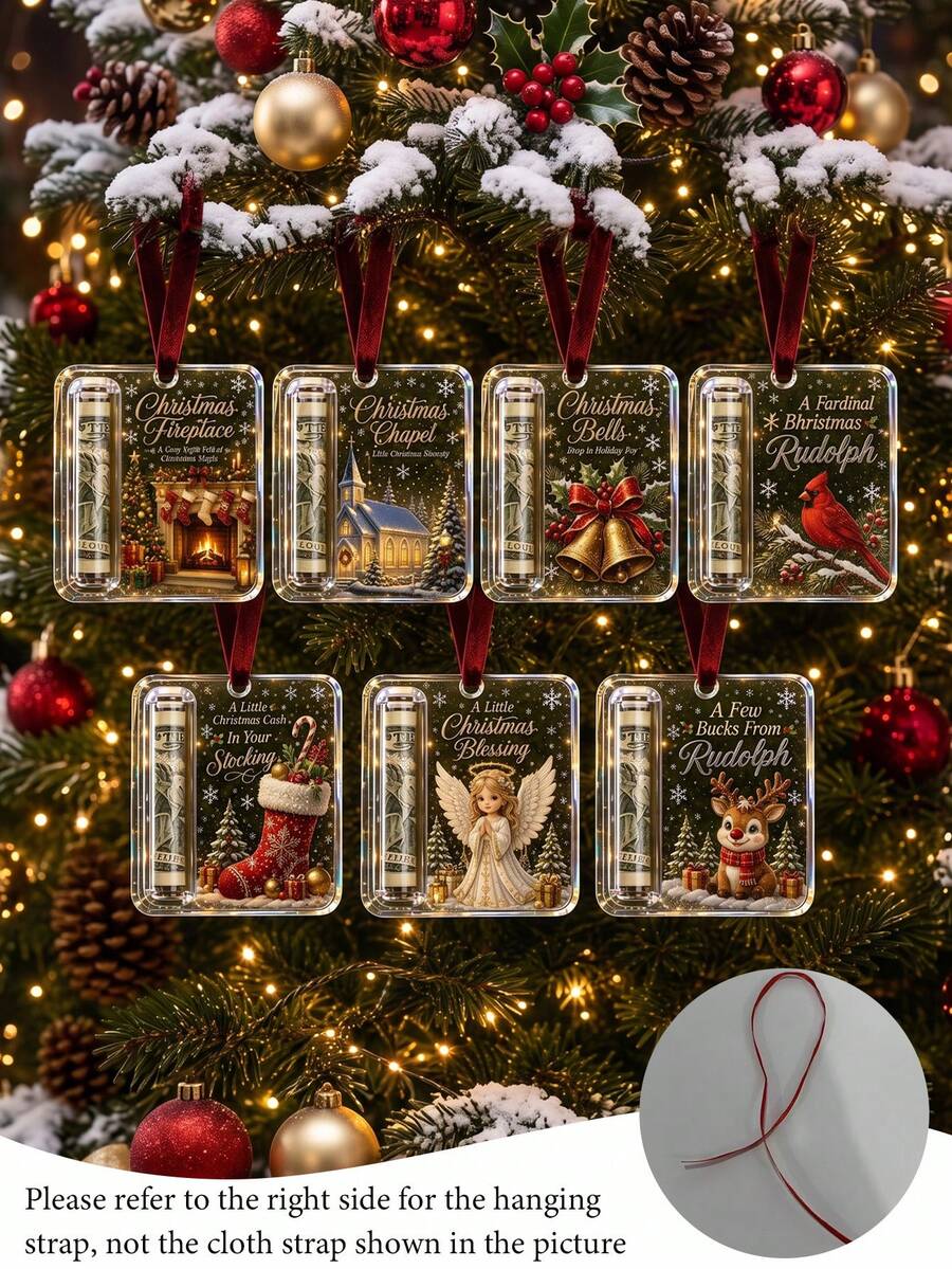 1Pc Acrylic Christmas Cash Gift Ornament, Rolled Bill Holder Xmas Tree Hanging Decoration, Festive Money Gift Keepsake Ornament With Velvet Ribbon, Holiday Present For Family Friends Coworkers