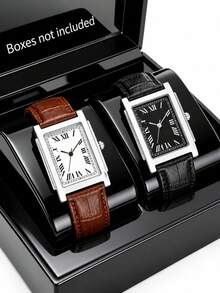 2PCS Men's Vintage Square Quartz Watches, Roman Numeral Black & White Dial, Silver Square Case, Black & Brown Crocodile Pattern PU Leather Strap, Business Formal Casual Pointer Watch, Without Display Box - Black - View 11