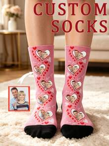 Custom Romantic Love Wedding Crew Socks, Heart Frame,Mr And Mrs,Couple Stick‑Figure Print Pink Mid‑Calf Socks,Gift Socks For Women - Pink - View 1