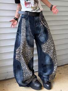 Infinite Jeans 1pc American Street Fashion Men's Patterned Patchwork Leopard Print Denim Jeans Loose Wide Leg Pants Comfortable Versatile All-Season Long Pants (Produk Tidak Termasuk Sabuk dan Aksesoris) - Biru - View 8