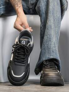 GAISIMA Men's Colorblock Patchwork Skateboard Shoes, Retro Street Style Lace-Up Thick Sole Casual Sneakers, Suitable For Daily Outdoor Wear, All-Season Unisex Design - Black - View 3