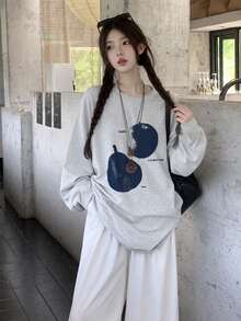 Women's Fashion Autumn/Winter Loose Round Neck Casual Versatile Fruit Print Long Sleeve T-Shirt - Light Gray - View 2