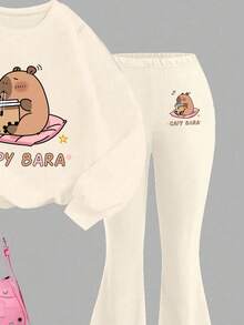 Young Girls Casual Loose Cartoon Print Sweatshirt Set, Suitable For Autumn/Winter Girls Sports Sweatshirt Set, Winter Young Girls Set - Apricot - View 4