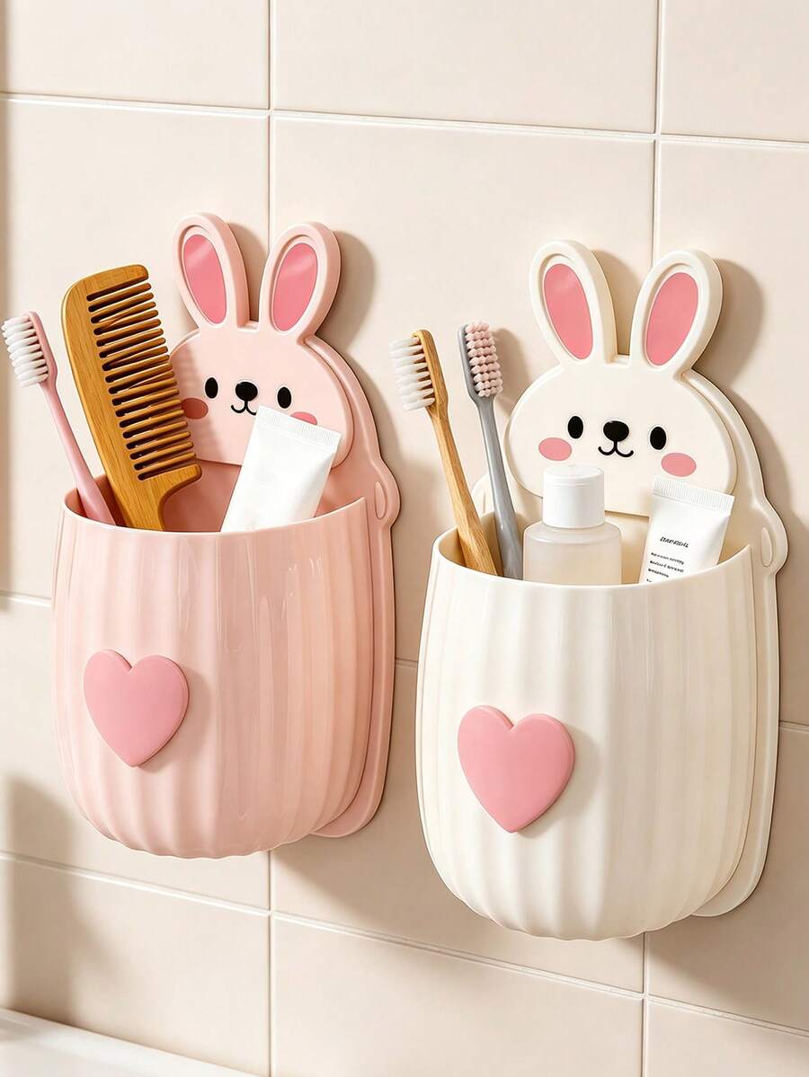 New Cute Cat Storage Rack + Heart Decoration, Space-Saving Wall-Mounted Toothbrush And Toothpaste Holder, Bathroom Decor Accessory, Suitable For Sink And Bathroom, Used To Store Toothpaste, Toothbrush, Hairbrush, Makeup Brush And Other Items - Multicolor - View 1
