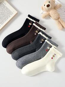 4 Pairs Women's Cute Sweet Breathable Bear Bow Cherry Pattern Short Socks, White Black Casual Comfortable Mid-Calf Socks, School Style Student Socks Gift, Random Color, Suitable For Daily Wear, Spring Summer Autumn Winter All Seasons - Multicolor - View 5