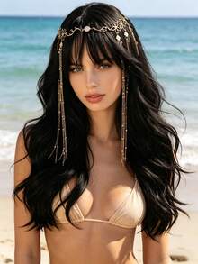 1pc New Gold Elegant Exquisite Hair Chain, Suitable For Wedding Dress, Cold Shoulder Outfit, Head Accessory, Gold Bohemian Style Headpiece - Gold - View 8