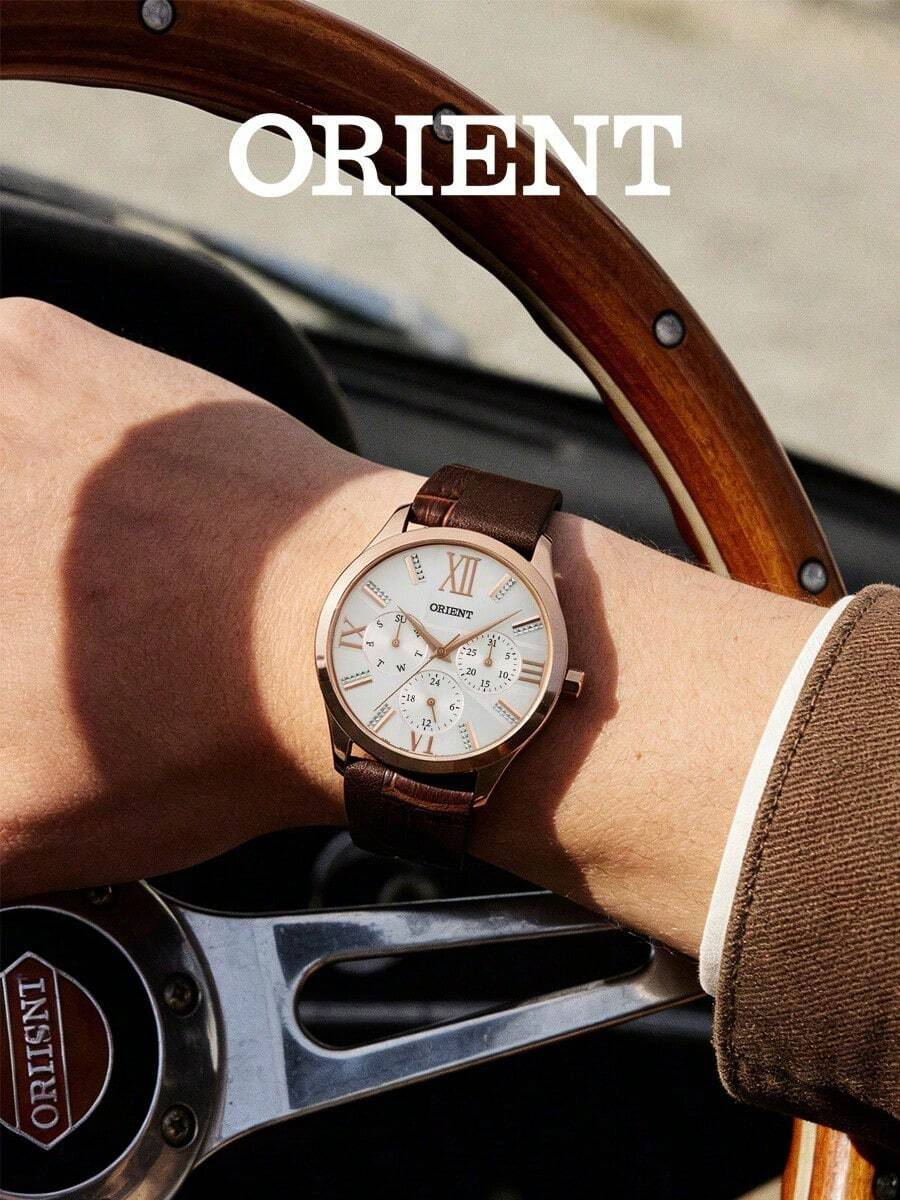 Orient Jam Tangan Wanita Quartz Multifungsi, Casing Warna Emas, Angka Romawi & Penanda Kristal, Tali Kulit Timbul Cokelat Tua, Jam Tangan Wanita Kasual Bisnis - Emas - View 1