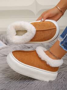Plus Size 36-41 Slouchy Versatile Bestseller Soft Textured Suede Thickened Lamb Fur Folded Collar Slip-On Easy Wear Daily Home & Outdoor Round Toe Platform Thick Sole Cloud-Like Comfort Height Increasing Non-Slip Warm Snow Boots - Brown Suede With White Faux Fur Trim - View 4