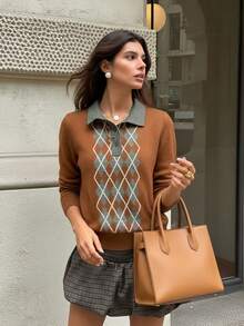 Women's Argyle Pattern 2 In 1 Collar Knit Sweater, Long Sleeve Button Placket Preppy Pullover - Brown - View 4