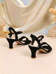 1 Pair Women's Black High Heel Sandals, Suede PU Fabric, Adjustable Buckle Strap, Rhinestone Pendant Decor, Minimalist Party Style, Suitable For Daily Wear, Office Commute, Parties And Events - Black - View 6