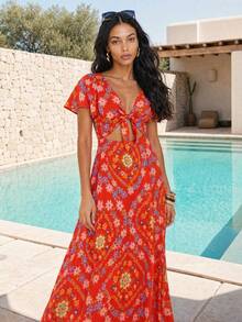Dancing Leopard Red Floral Tie-Front Cut-Out Dress, Holiday/Vacation Wear - Red - View 1