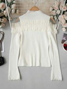 Apricot Lace Patchwork Bow Long Sleeve Knit Sweater Women Autumn/Winter Gentle Style Slim Fit Base Layer Top - Apricot - View 9