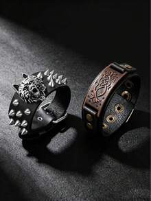 2pcs Punk Style Sports Casual Geometric Design Bracelets, Suitable For Men's Party, Sports, Fashion Wear, Exquisite Bracelet Gift For Men - Black - View 1