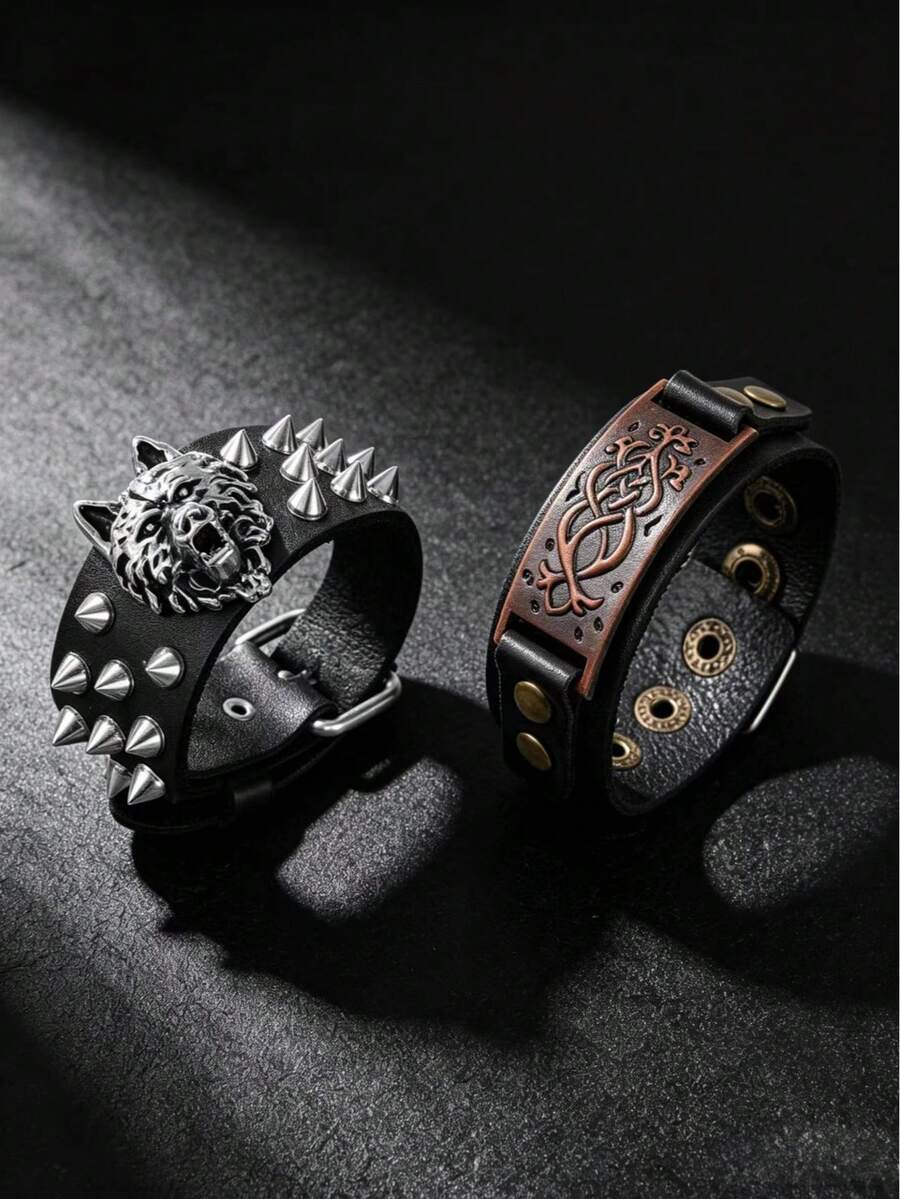 2pcs Punk Style Sports Casual Geometric Design Bracelets, Suitable For Men's Party, Sports, Fashion Wear, Exquisite Bracelet Gift For Men - Black - View 1