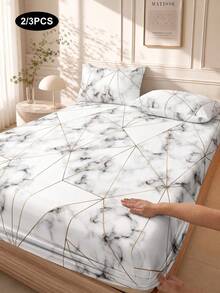 2/3pcs Gold Line Geometric Marble Pattern Bed Sheet Set (1pc Fitted Sheet + 1/2 Pillowcases), Mattress Protector, Soft & Breathable, For Twin, Full, Queen, King Size Beds, Deep Pocket Design Up To 11.8 Inches - White - View 1