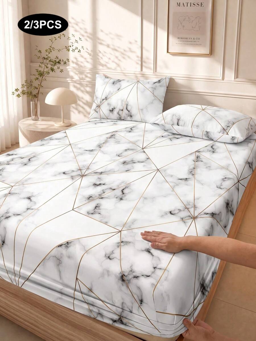 2/3pcs Gold Line Geometric Marble Pattern Bed Sheet Set (1pc Fitted Sheet + 1/2 Pillowcases), Mattress Protector, Soft & Breathable, For Twin, Full, Queen, King Size Beds, Deep Pocket Design Up To 11.8 Inches - White - View 1