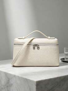 Handbag With A Clean, Structured Silhouette, Zipper Closure And Exquisite Lock Detail. Comes With A Short Handle And A Detachable Long Shoulder Strap, Supporting Multiple Carrying Styles. The Interior Space Is Well-Organized For Storing Personal Items, Making It A Versatile And Timeless Accessory For Daily Outings And Easy To Match With Various Outfits. - Ivory - View 2