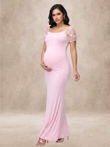JustVH Maternity Cold Shoulder 3D Floral Long Mermaid Dress, Suitable For Baby Shower, Halloween, Autumn Party - Baby Pink - View 6