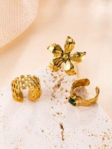 3pcs Stainless Steel European & American Vintage Style Gold-Plated Open Rings, Fashionable High-End 3D Floral Mesh Texture Green Zirconia Niche Design Adjustable Women's Rings, Daily Commute Layering Jewelry - Gold - View 4