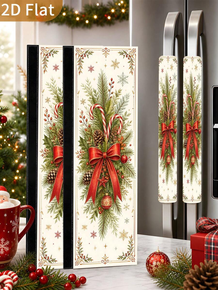 1/2pcs Christmas Fridge Handle Covers, Bow, Berry, Snowflake, Christmas Ball Patterns, With Hook & Loop Fastener, Suitable For Refrigerator, Oven, Microwave, Dishwasher, Christmas Kitchen Decor - View 1