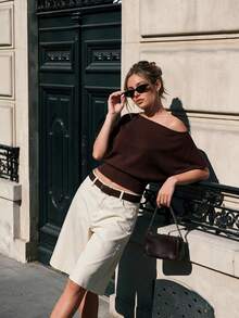 VINOVA Women's Knitted Basic Cold Shoulder Short Sleeve Fashion Top, Autumn Fashion, Casual Shirt, Women's Office Top, Going Out Top, Business Top - Brown - View 4