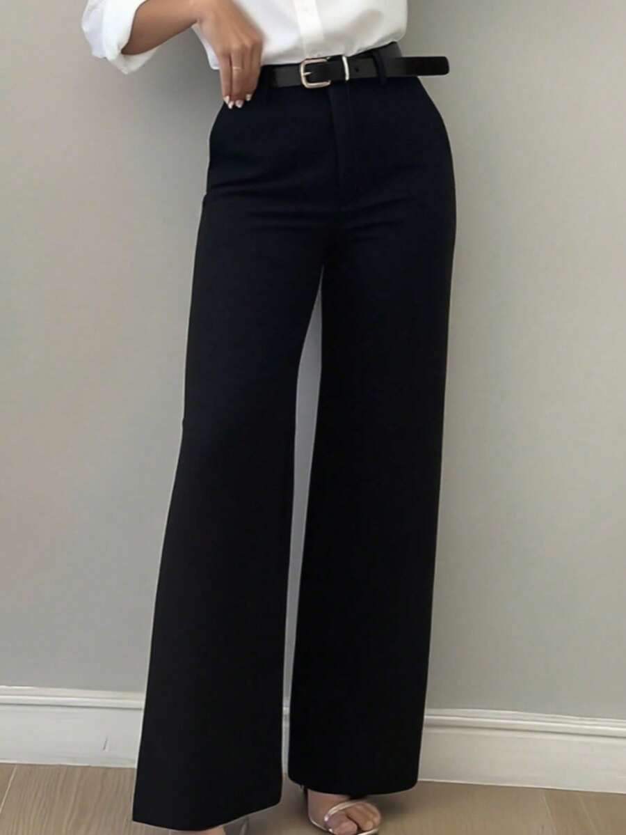 Women's Minimalist Design Flared Leg Casual Trousers, Suitable For Commuting, Office, Daily Wear, All Seasons Spring Black Fall - Black - View 1