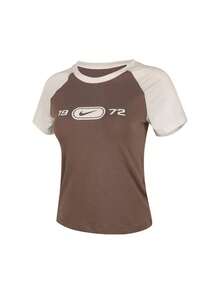 Nike Round Neck Sporty Casual Retro Patchwork Women's Slim Fit Short-Sleeved Top - Brown/Beige - View 3