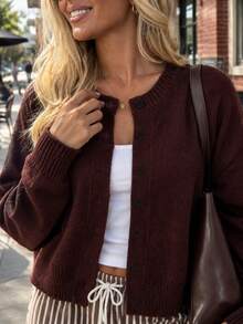 Women's Plus Size Knitwear Cardigan, Long Sleeve Round Neck Button Front Sweater With Drop Shoulder, Perfect For Fall And Winter Style - Chocolate Brown - View 4