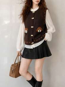 Cardigan Vest Wanita Motif Vintage Menarik dari Benang Campuran Wol untuk Musim Gugur - Coklat - View 5