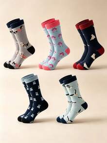 5 Pairs Cute Animal Print Mid-Calf Socks, Dachshund, Flamingo, Seal, Kitten, Seagull Fun Pattern Long Socks, Contrast Color Cuff Design, Unisex Casual Socks, Autumn/Winter Daily & Party Wear Accessory, Creative Thanksgiving, Christmas Gift Idea - Multicolor - View 7