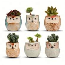 Creative Cartoon Glazed Owl Ceramic Succulent Planter Set, 6 Pieces With Drainage Holes, Cute Plant Pot Holder Container For Home Office Garden Decor, Owl Gift Personalized Craft - A - View 1
