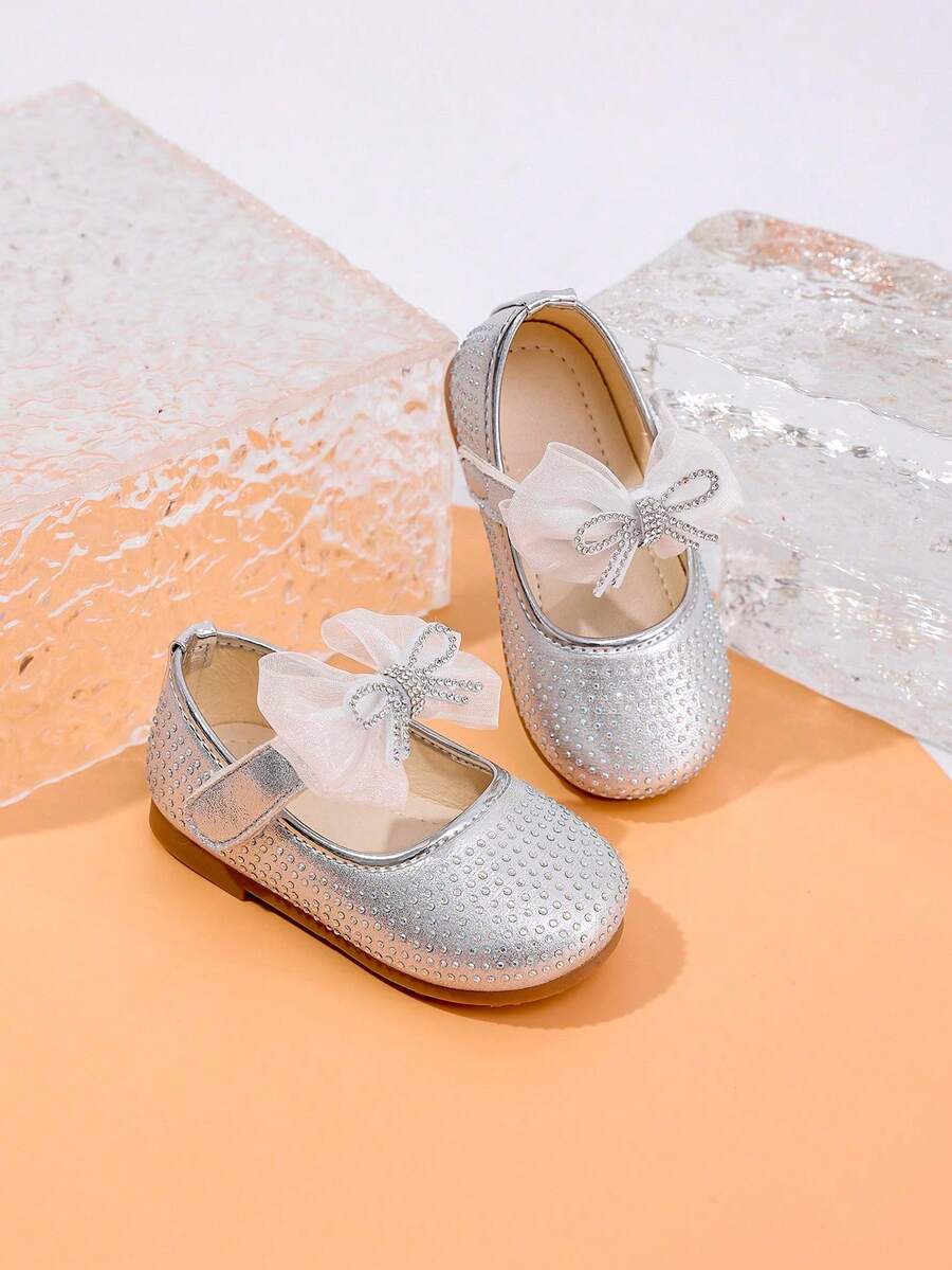 Girls' Shiny Rhinestone Princess Flat Shoes, Soft Sole, Hook & Loop Closure, Mesh Bowknot, Mary Jane Style, Dress Shoes, Party Shoes - Silver - View 1