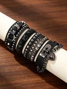 1/3/4Pcs PU Bracelet For Men,Punk Adjustable Multilayer Black Leather Cuff Heart Pendant Bangle Studded Chain Wrist Punk Sports Rock Bracelet - Multicolor - View 1