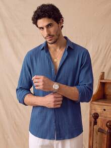 glestore Men's Retro-Style Old-Money Casual Solid-Colour Simple Textured Striped Long-Sleeved Shirt, Fashionable And Versatile. - Navy Blue - View 5