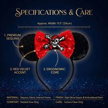 1pc Disney Minnie Ear Headband, Black Sequin Material With Red Bow Decor, Skull And Crossbones Pattern On Top. Designed For Pirate Adventure Theme Park, Perfect For Women To Express Pirate Style And Adventurous Spirit - Multicolor - View 3
