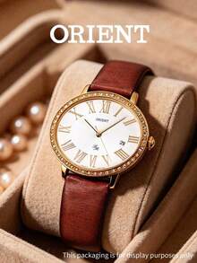 Orient Vintage Gold-Tone Women's Quartz Watch With Roman Numeral Dial, Date Display, Burgundy Embossed Leather Strap, Luxury Style For Party And Commute - Gold - View 6