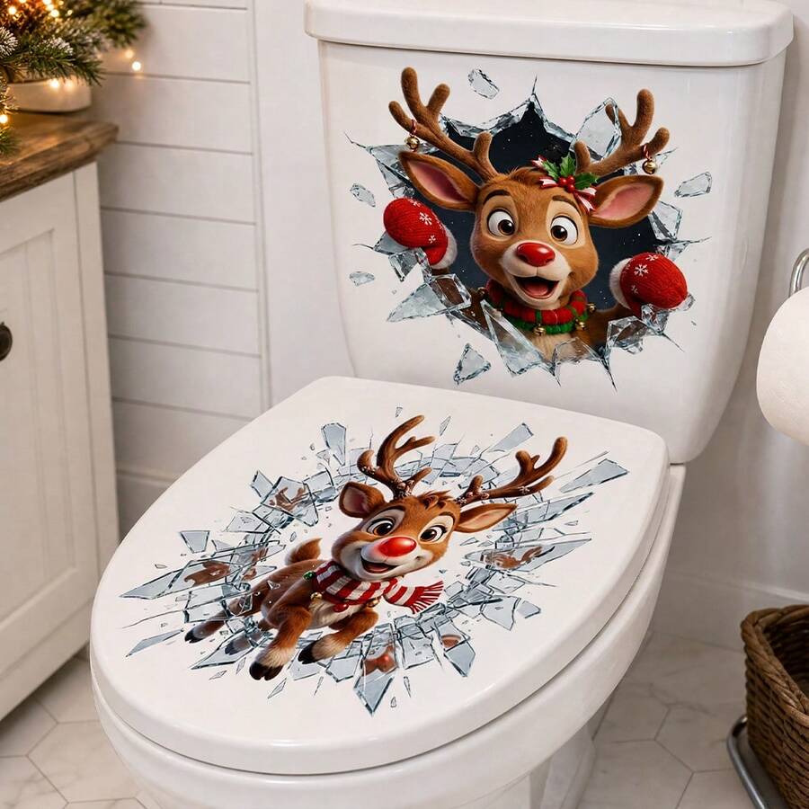 2pcs 3D Broken Window Christmas Reindeer Toilet Sticker, Funny Red Nose Reindeer Bathroom Toilet Self-Adhesive Decorative Sticker - Multicolor - View 1