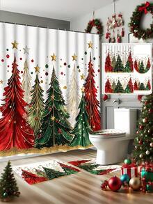 1/4pcs Christmas Polyester Shower Curtain Set, Festive Atmosphere, Decorated With Colorful Christmas Tree And Star Patterns, 70.8*70.8 Inches, Comes With 12 Hooks, Suitable For Bathroom Decor - A - View 2